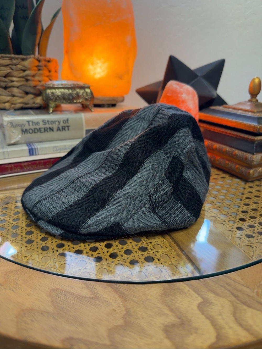 Silversilk Black Gray Patchwork Knit Newsboy Cabbie Cap Hat